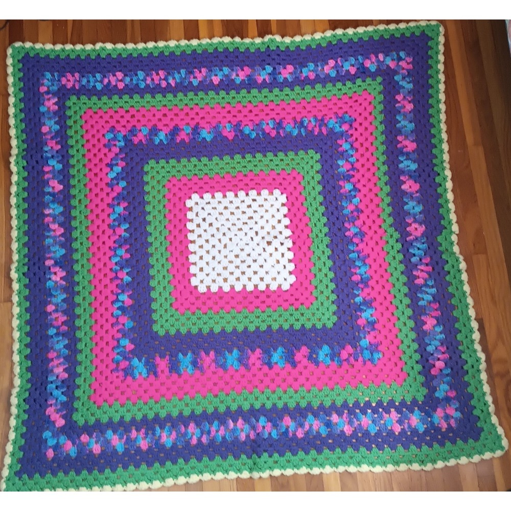 Crochet  granny square afghan blanket sofa throw 44 X 44 Neon Rainbow